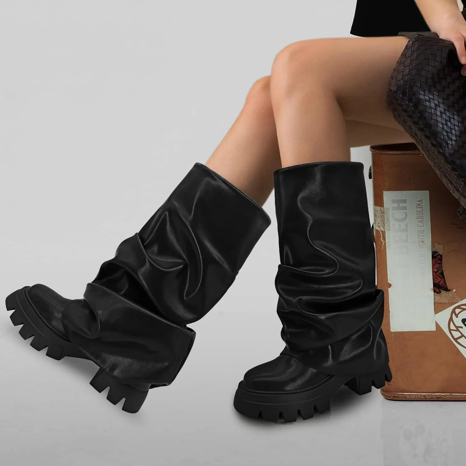 Women's Platform fold over Round Toe Chunky Heel wide calf Boots Fashion Pull-On Party Slouchy Shark Mid Calf Shoes