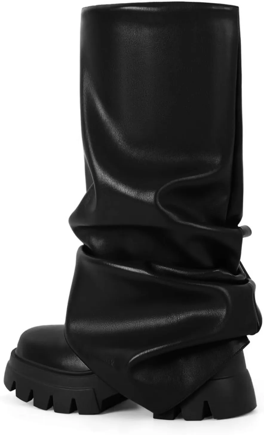Women's Platform fold over Round Toe Chunky Heel wide calf Boots Fashion Pull-On Party Slouchy Shark Mid Calf Shoes