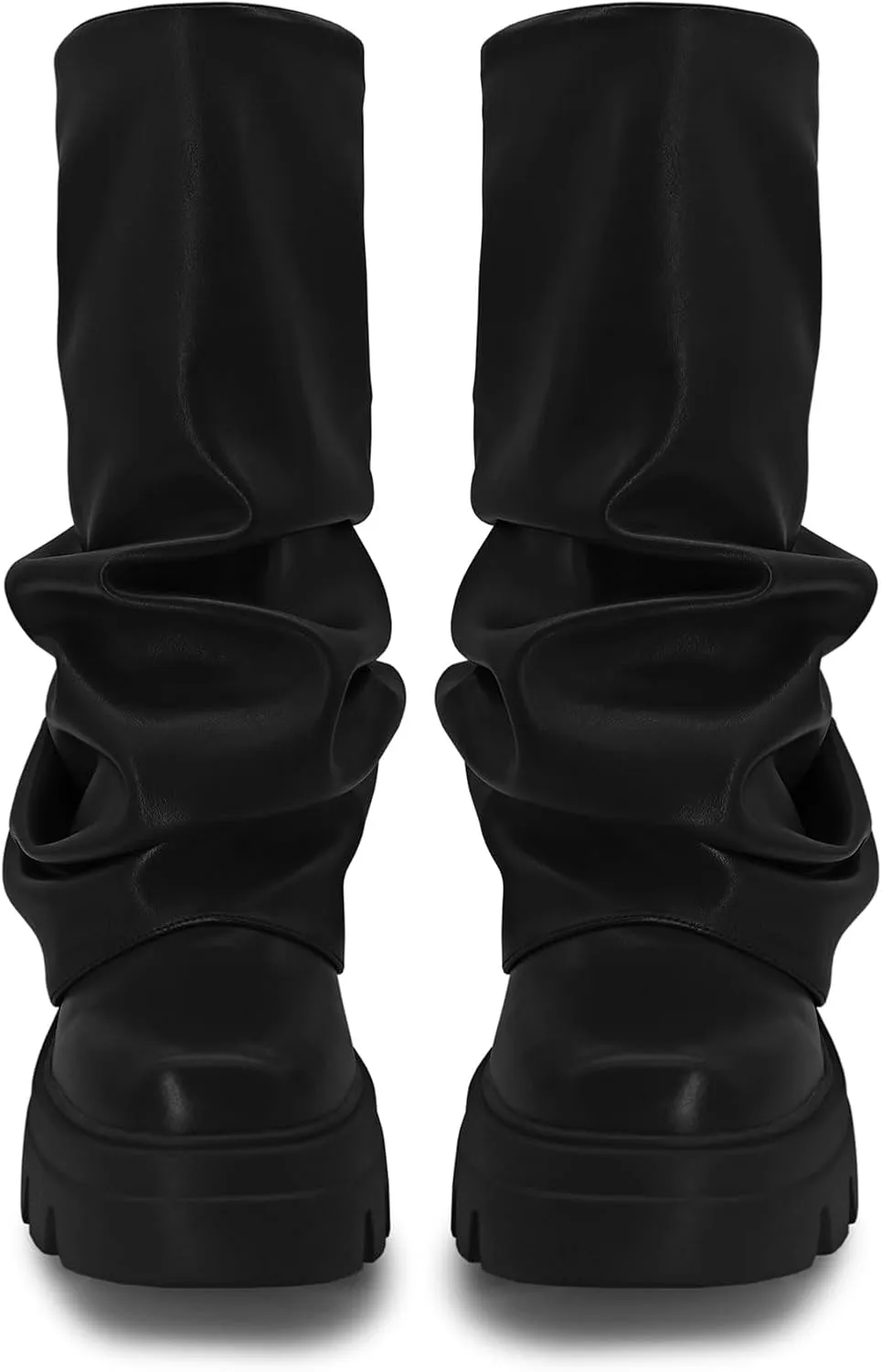 Women's Platform fold over Round Toe Chunky Heel wide calf Boots Fashion Pull-On Party Slouchy Shark Mid Calf Shoes