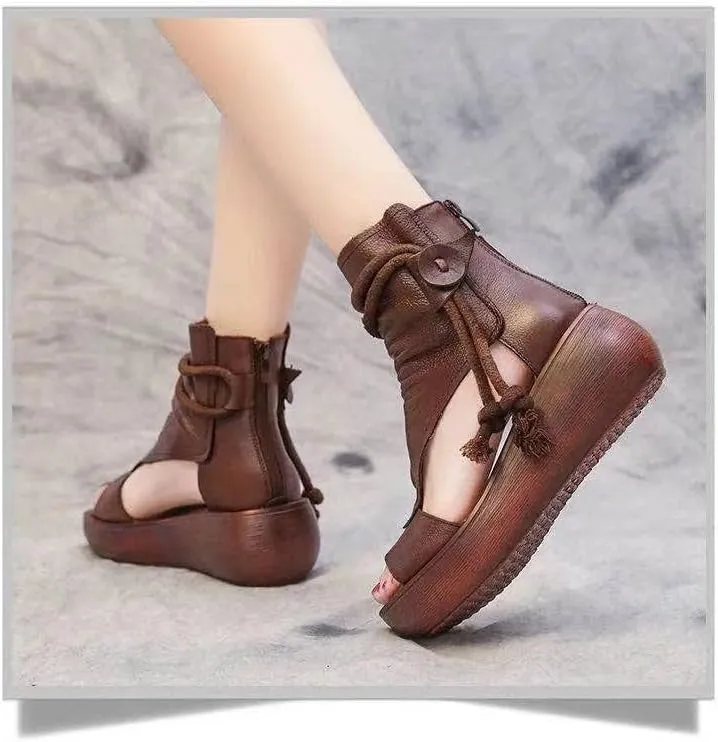 Women's Platform Outdoor Sandal Boots Wedge Bottom Fashion High Top Sandals Open Toe Boot Sandals for Women (Brown,6.5-7)