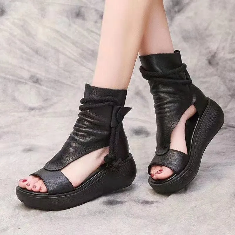 Women's Platform Outdoor Sandal Boots Wedge Bottom Fashion High Top Sandals Open Toe Boot Sandals for Women (Brown,6.5-7)