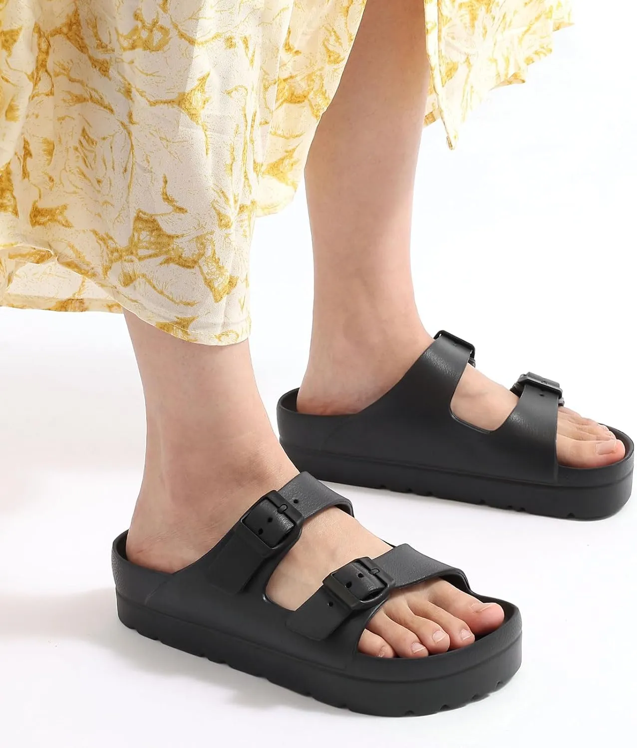 Women's Platform Sandals with Arch Support, Chunky Lightweight Foam Slip on Slides, Comfortable Summer Beach Sandals with Adjustable Buckle