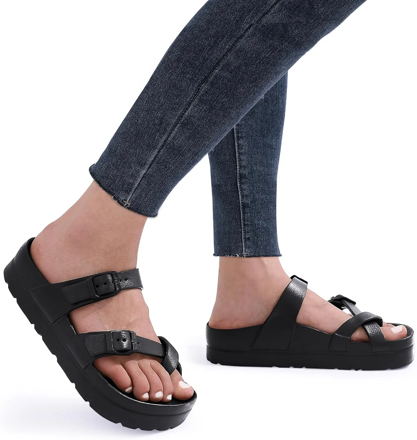 Women's Platform Sandals with Arch Support Comfortable Foam Slides Summer Beach Sandals with Adjustable Buckle