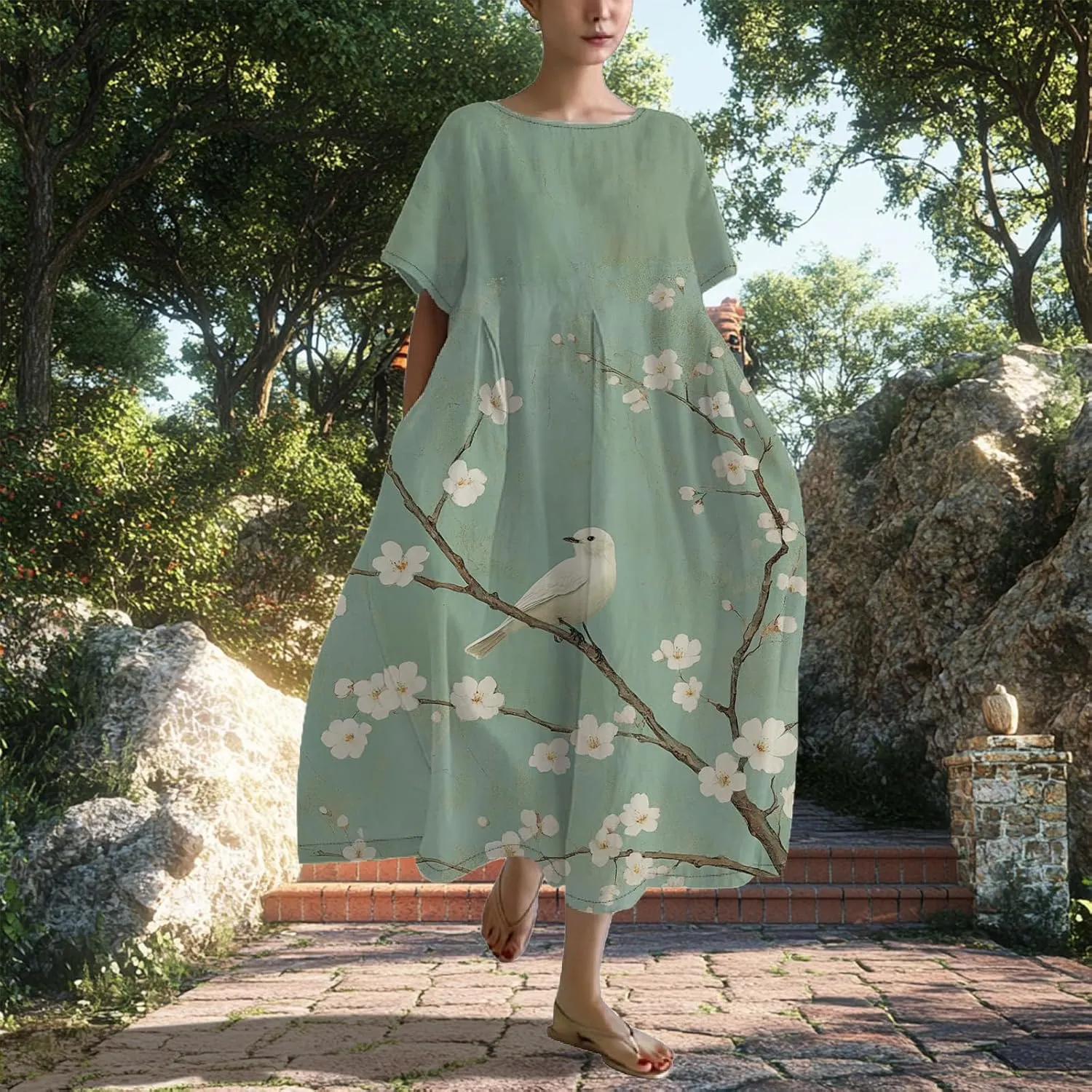 Women's Plus Size Boho Dress Novelty Cotton Maxi Dresses Japanese Art Summer Casual Loose Flowy A-line Midi Dress Trendy