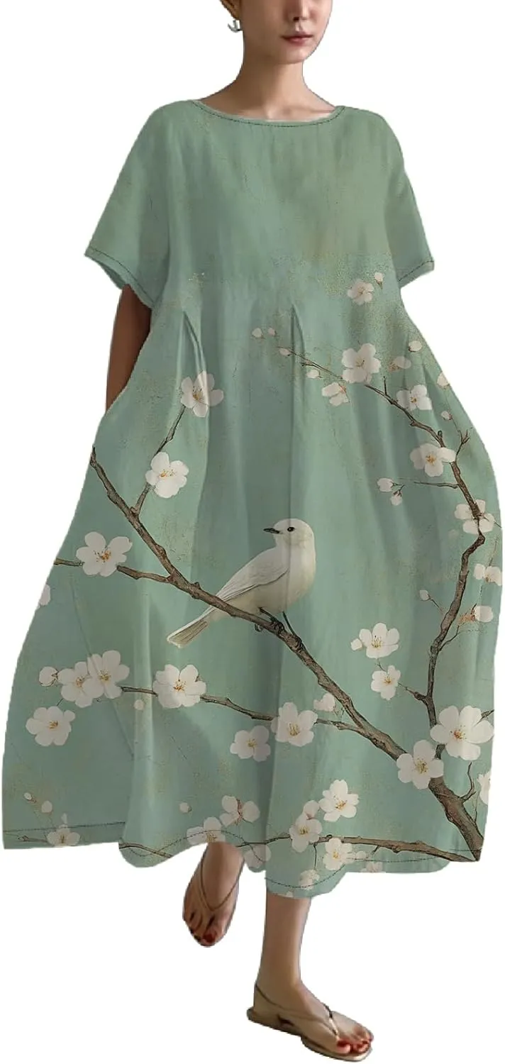 Women's Plus Size Boho Dress Novelty Cotton Maxi Dresses Japanese Art Summer Casual Loose Flowy A-line Midi Dress Trendy