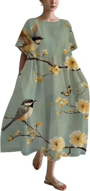 Women's Plus Size Boho Dress Novelty Cotton Maxi Dresses Japanese Art Summer Casual Loose Flowy A-line Midi Dress Trendy