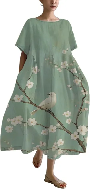 Women's Plus Size Boho Dress Novelty Cotton Maxi Dresses Japanese Art Summer Casual Loose Flowy A-line Midi Dress Trendy