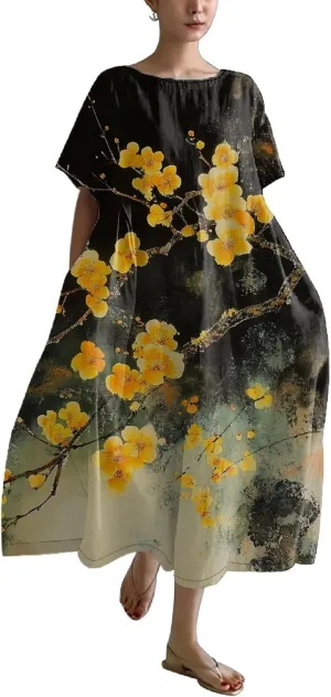 Women's Plus Size Boho Dress Novelty Cotton Maxi Dresses Japanese Art Summer Casual Loose Flowy A-line Midi Dress Trendy