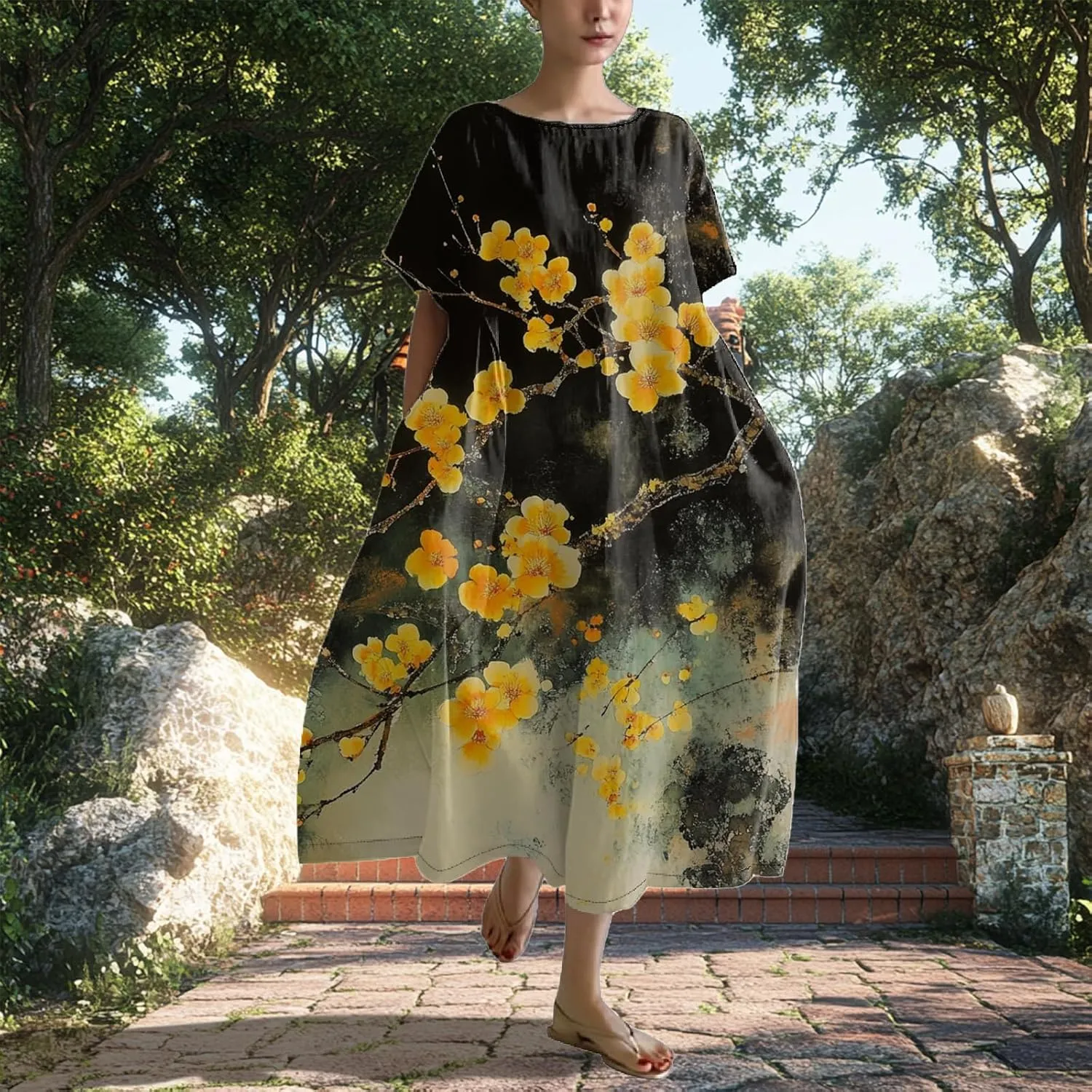 Women's Plus Size Boho Dress Novelty Cotton Maxi Dresses Japanese Art Summer Casual Loose Flowy A-line Midi Dress Trendy