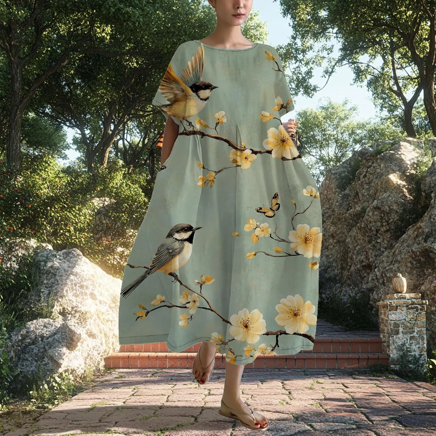 Women's Plus Size Boho Dress Novelty Cotton Maxi Dresses Japanese Art Summer Casual Loose Flowy A-line Midi Dress Trendy