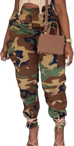 Women's Plus Size Cargo Camo Pants High Waist Slim Fit Camouflage Jogger Pants Sweatpants with Pockets