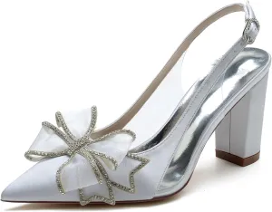 Women's Pointed Toe Wedding Shoes for Bride Block Heels Slingback Ankle Strap Satin Bridal Shoes High Heels Prom Party Dress Shoes Pumps