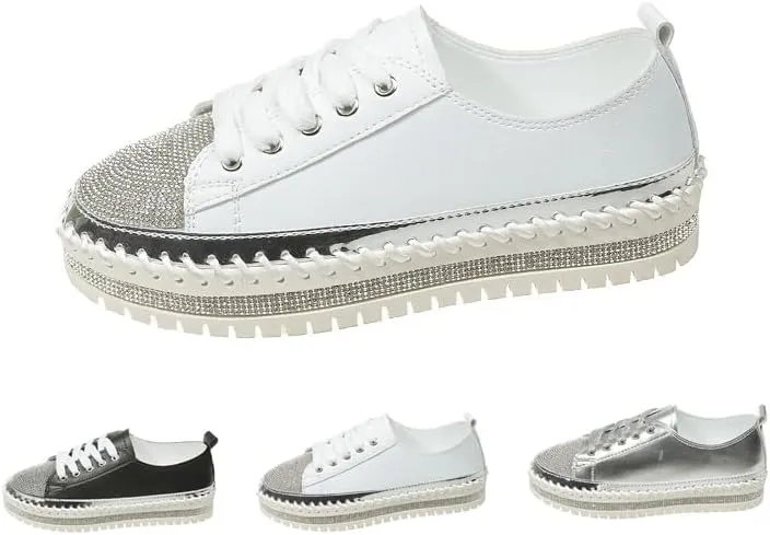 Women's Rhinestone Platform Loafers,Glitter Fashion Slip-On Sparkle Bling Sequin Sneakers Fall 2024 Casual Flat