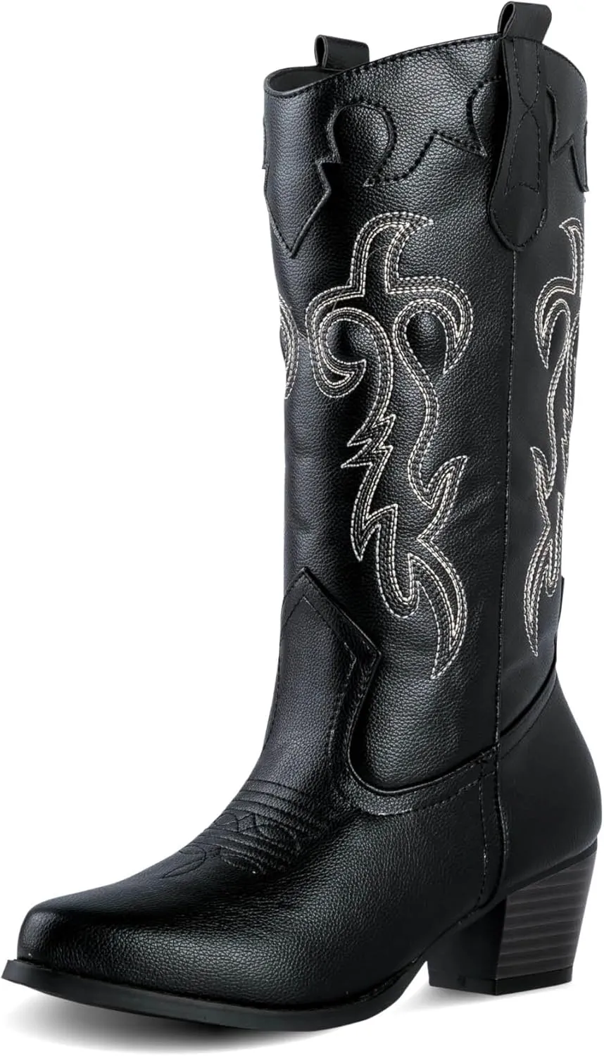 Women's Rodeo Boots - Classic Western Booties for Women & Teen Girls, Black, Mid-Calf, Faux Leather, Memory Foam Insole, Cowboy Boots