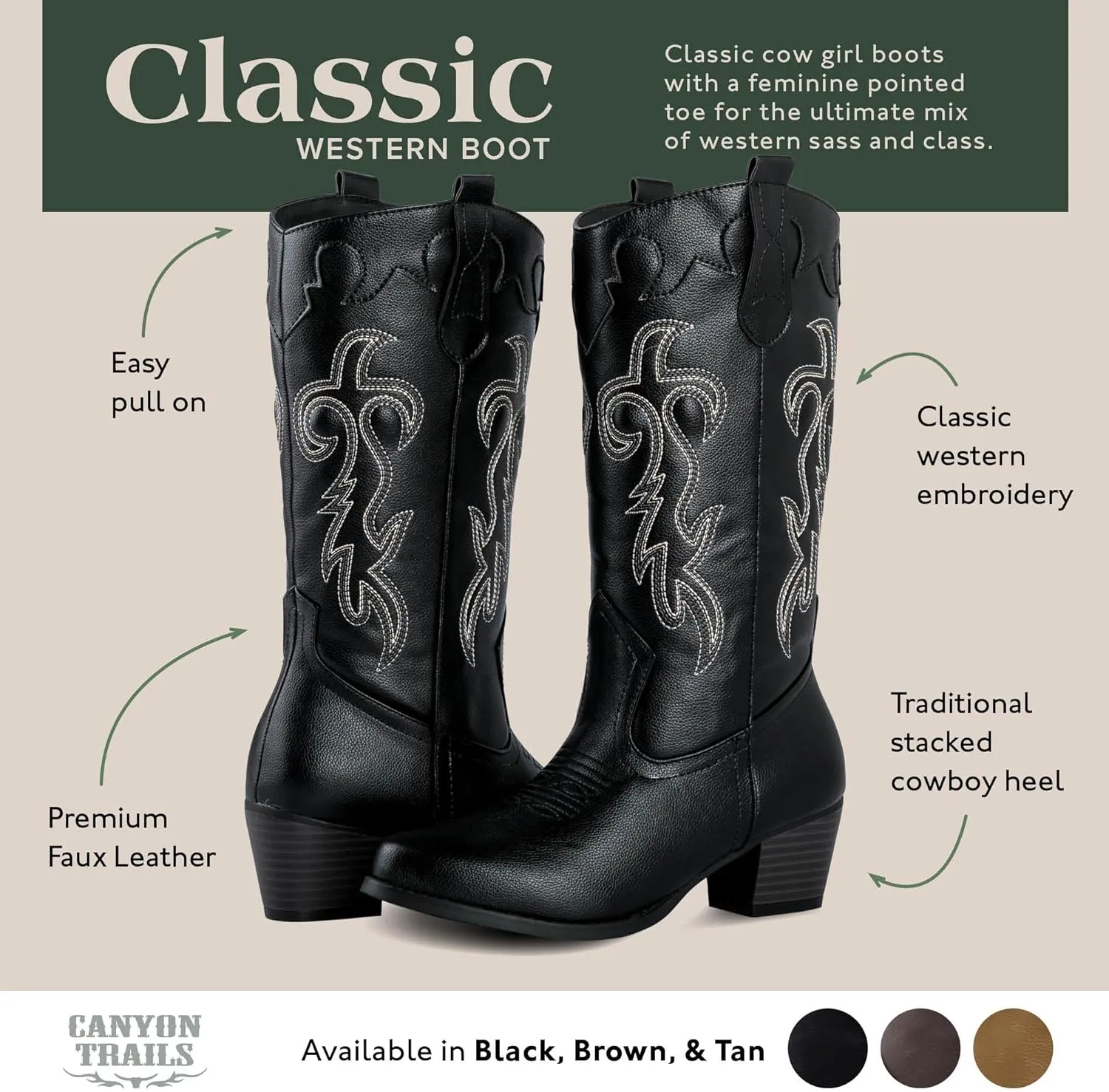 Women's Rodeo Boots - Classic Western Booties for Women & Teen Girls, Black, Mid-Calf, Faux Leather, Memory Foam Insole, Cowboy Boots