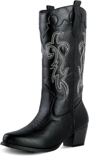 Women's Rodeo Boots - Classic Western Booties for Women & Teen Girls, Black, Mid-Calf, Faux Leather, Memory Foam Insole, Cowboy Boots