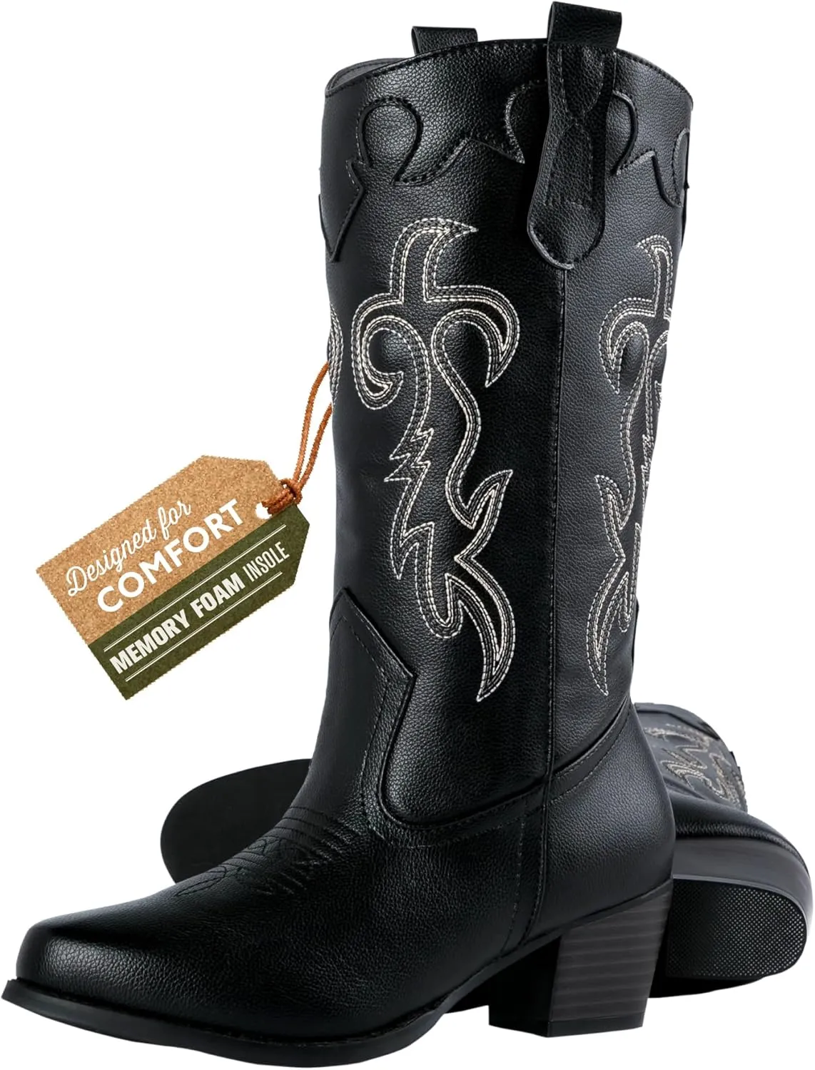 Women's Rodeo Boots - Classic Western Booties for Women & Teen Girls, Black, Mid-Calf, Faux Leather, Memory Foam Insole, Cowboy Boots