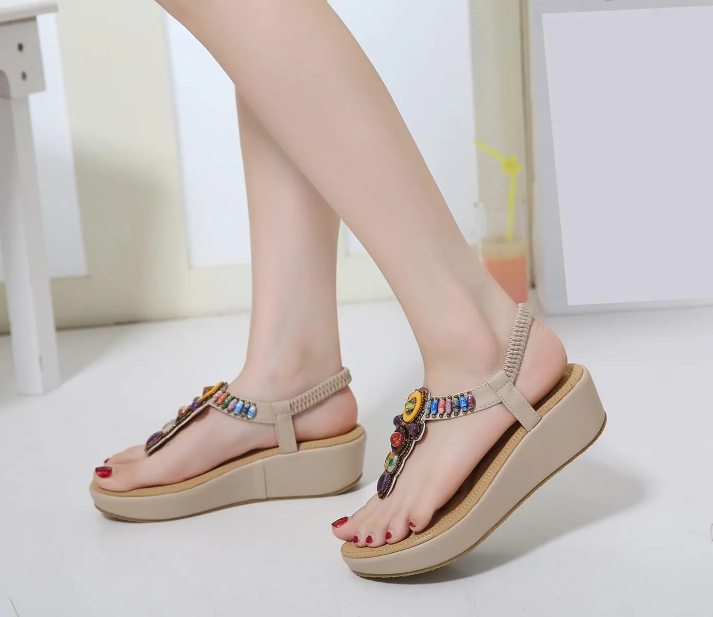 Women's Sandals Bohemia Summer Vintage Beach Flats Beaded Ankle Strappy Sandal Athletic Hiking Sandals Outdoor Walking Sandals