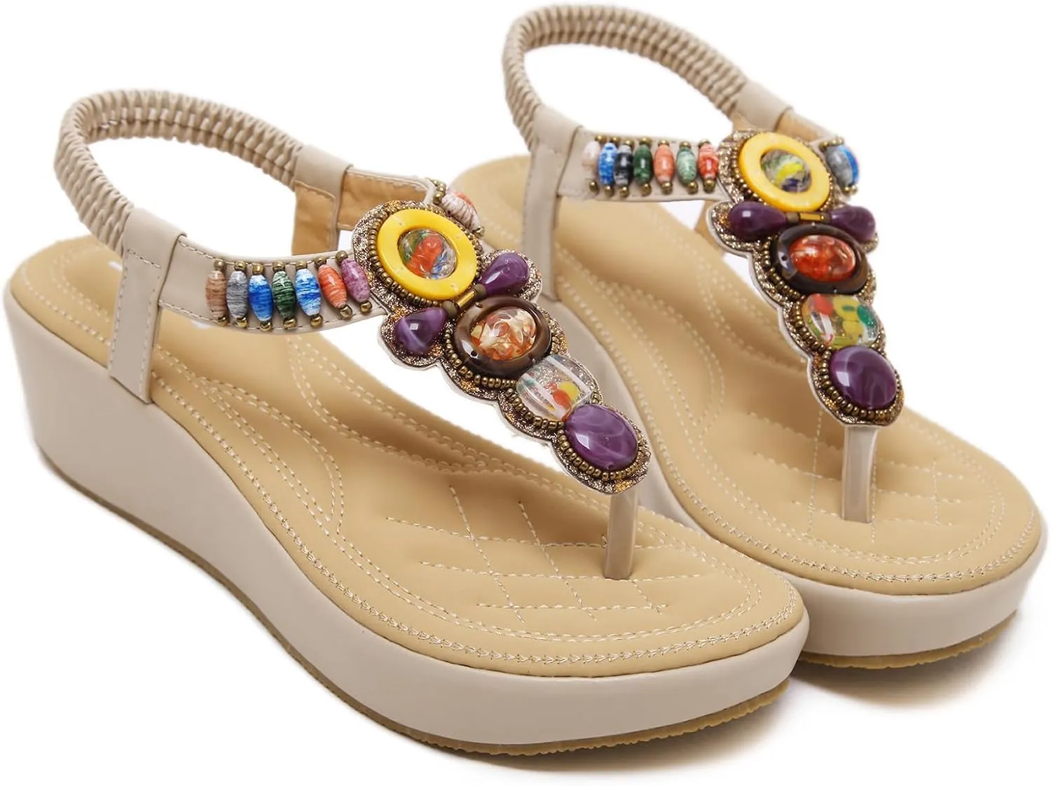 Women's Sandals Bohemia Summer Vintage Beach Flats Beaded Ankle Strappy Sandal Athletic Hiking Sandals Outdoor Walking Sandals