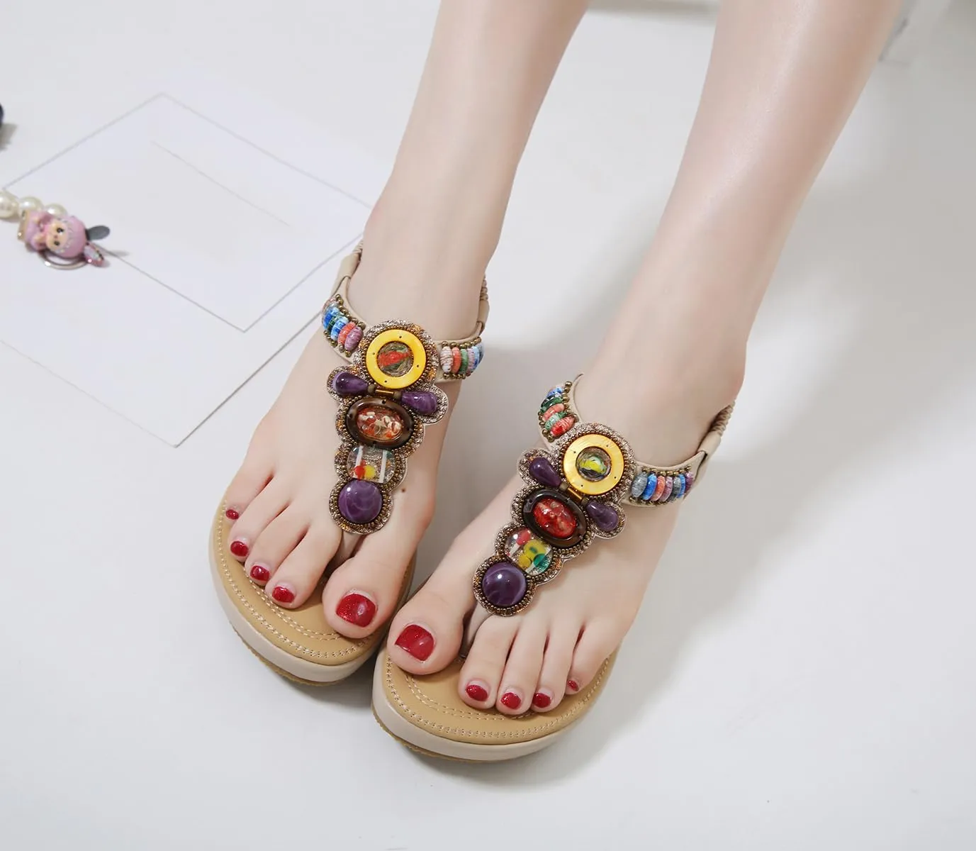 Women's Sandals Bohemia Summer Vintage Beach Flats Beaded Ankle Strappy Sandal Athletic Hiking Sandals Outdoor Walking Sandals