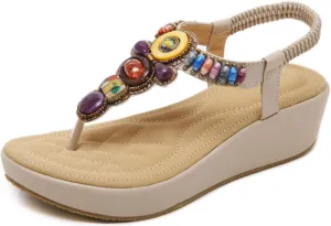 Women's Sandals Bohemia Summer Vintage Beach Flats Beaded Ankle Strappy Sandal Athletic Hiking Sandals Outdoor Walking Sandals