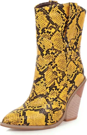 Women's Snake Skin Wedge Ankle Booties Stacked Chunky High Heels Western Cowboy Boots Snakeskin Print Cowgirl Boot
