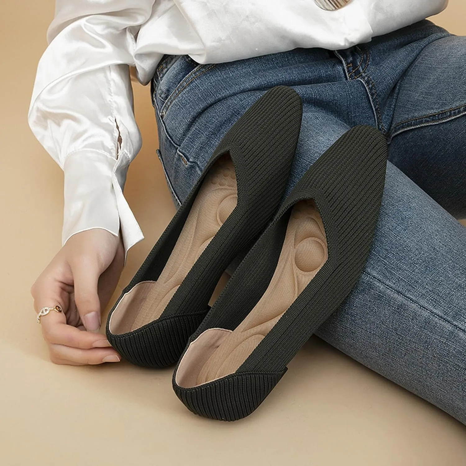 Women's Square Toe Flats Knit Dress Shoes Comfortable Mesh Flats for Women Slip On Ballet Flats Shoes Classic Soft Mary Jane Shoes