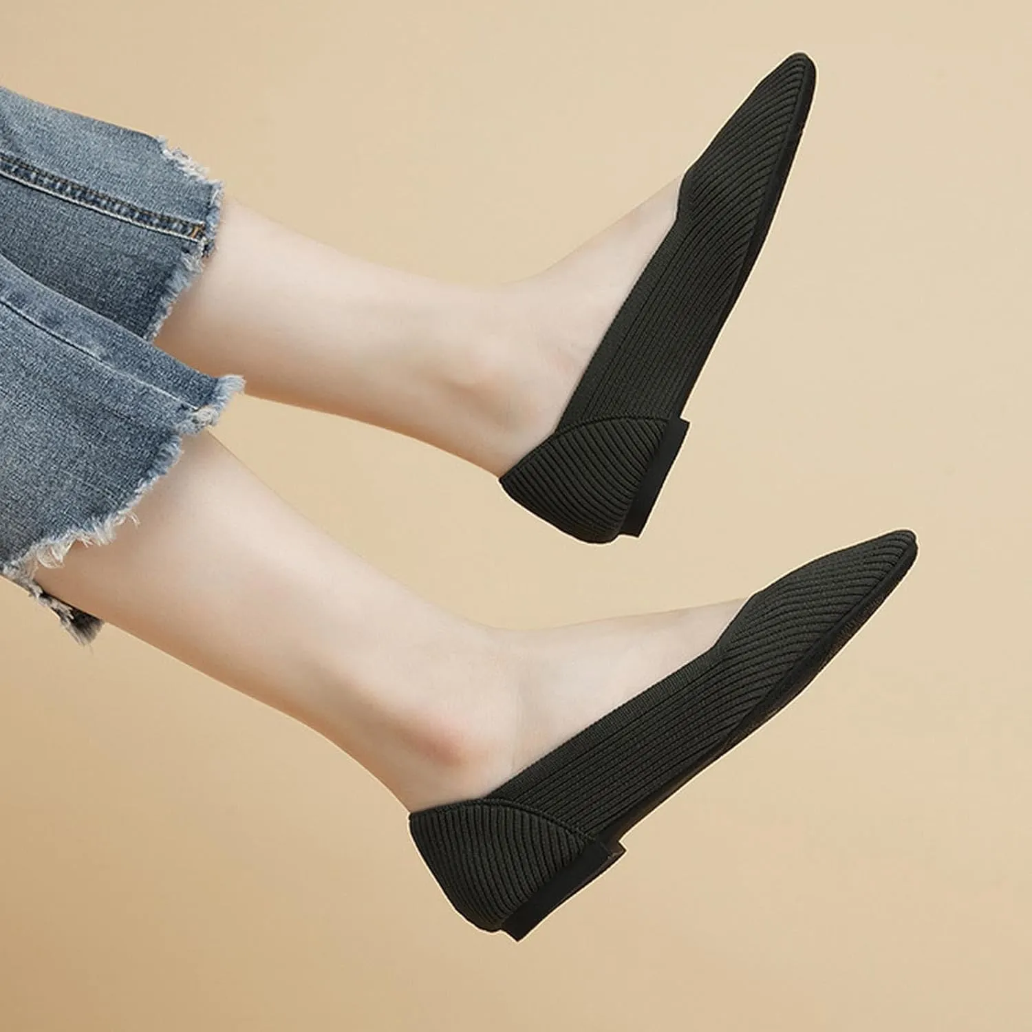 Women's Square Toe Flats Knit Dress Shoes Comfortable Mesh Flats for Women Slip On Ballet Flats Shoes Classic Soft Mary Jane Shoes