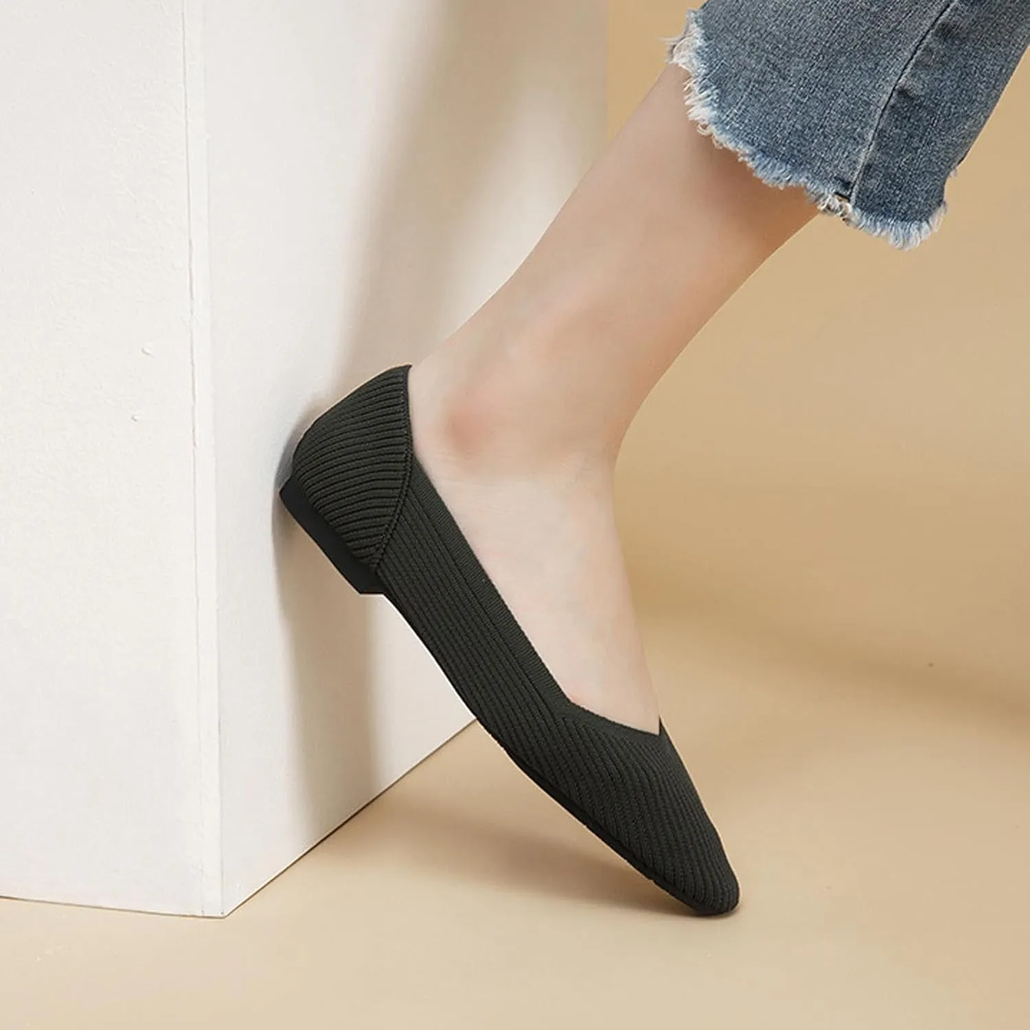 Women's Square Toe Flats Knit Dress Shoes Comfortable Mesh Flats for Women Slip On Ballet Flats Shoes Classic Soft Mary Jane Shoes