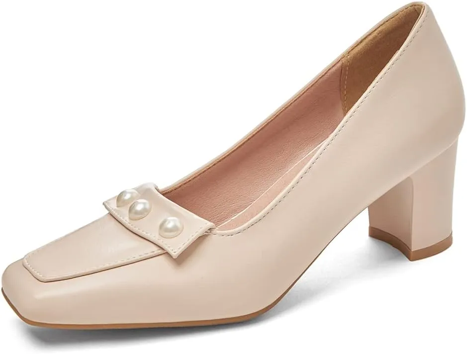 Women's Square Toe Pearls Slip On Loafers Pumps Chunky Block Mid Heels Work Office Pump Dress Shoes