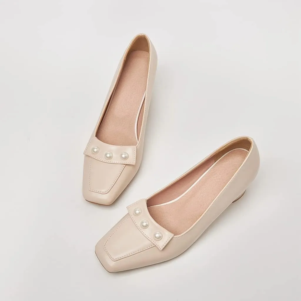 Women's Square Toe Pearls Slip On Loafers Pumps Chunky Block Mid Heels Work Office Pump Dress Shoes