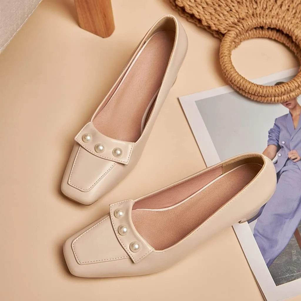 Women's Square Toe Pearls Slip On Loafers Pumps Chunky Block Mid Heels Work Office Pump Dress Shoes
