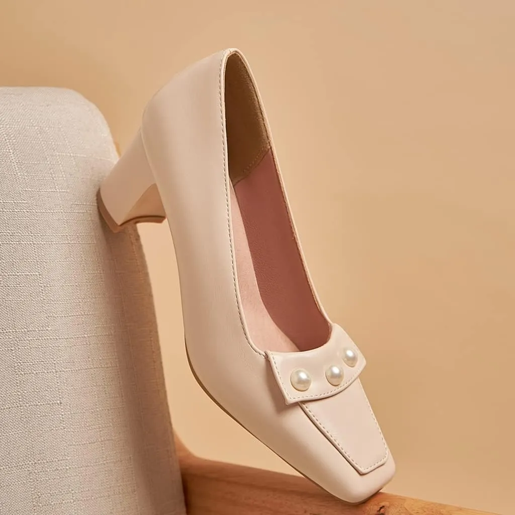 Women's Square Toe Pearls Slip On Loafers Pumps Chunky Block Mid Heels Work Office Pump Dress Shoes