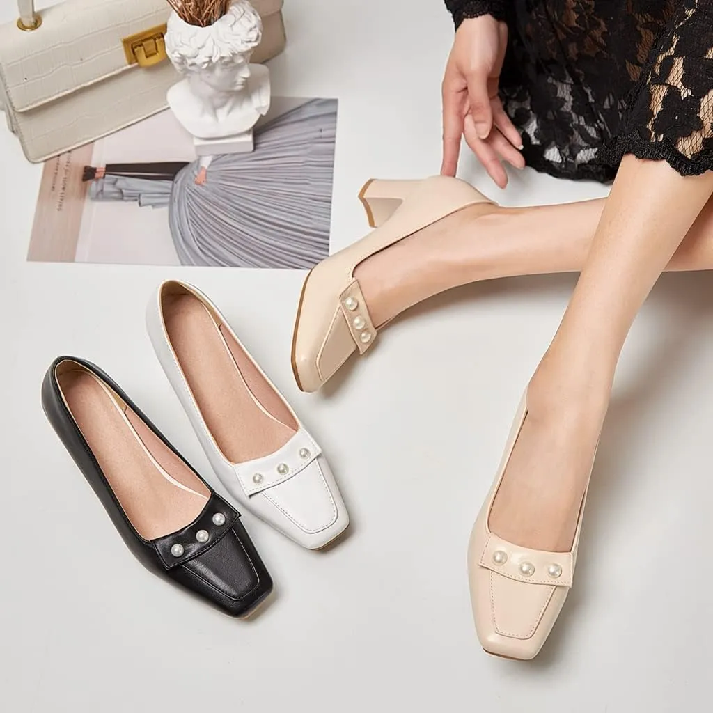 Women's Square Toe Pearls Slip On Loafers Pumps Chunky Block Mid Heels Work Office Pump Dress Shoes