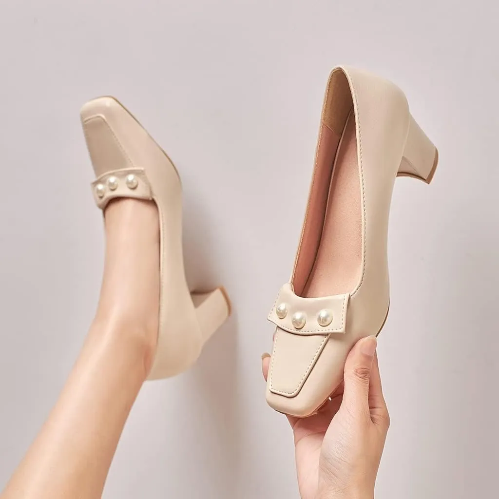 Women's Square Toe Pearls Slip On Loafers Pumps Chunky Block Mid Heels Work Office Pump Dress Shoes