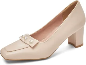 Women's Square Toe Pearls Slip On Loafers Pumps Chunky Block Mid Heels Work Office Pump Dress Shoes
