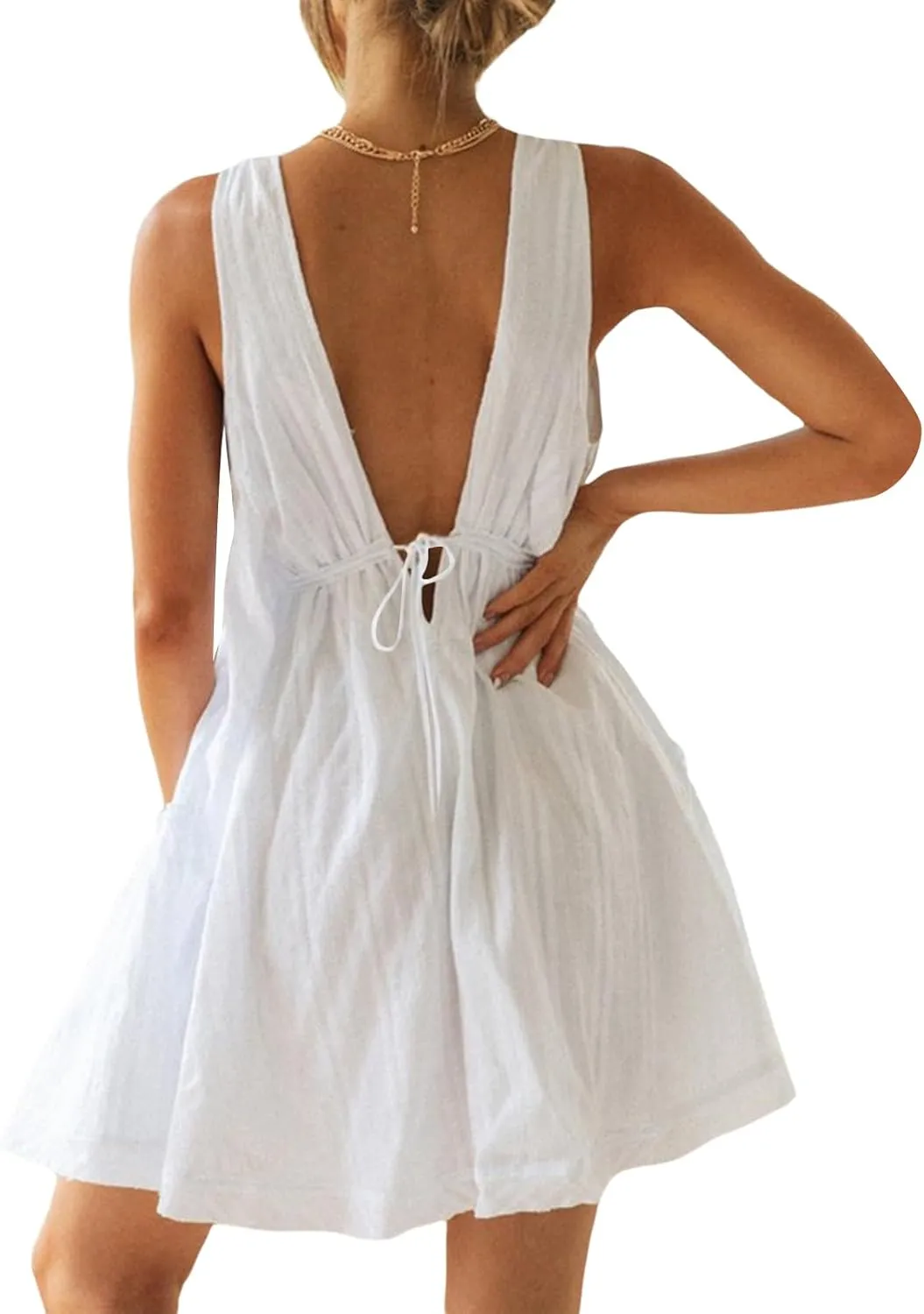 Womens Summer Sleeveless Mini Dress Casual Loose V Neck Tie-Up A-line Dress Swing Flowy Beach Sundress