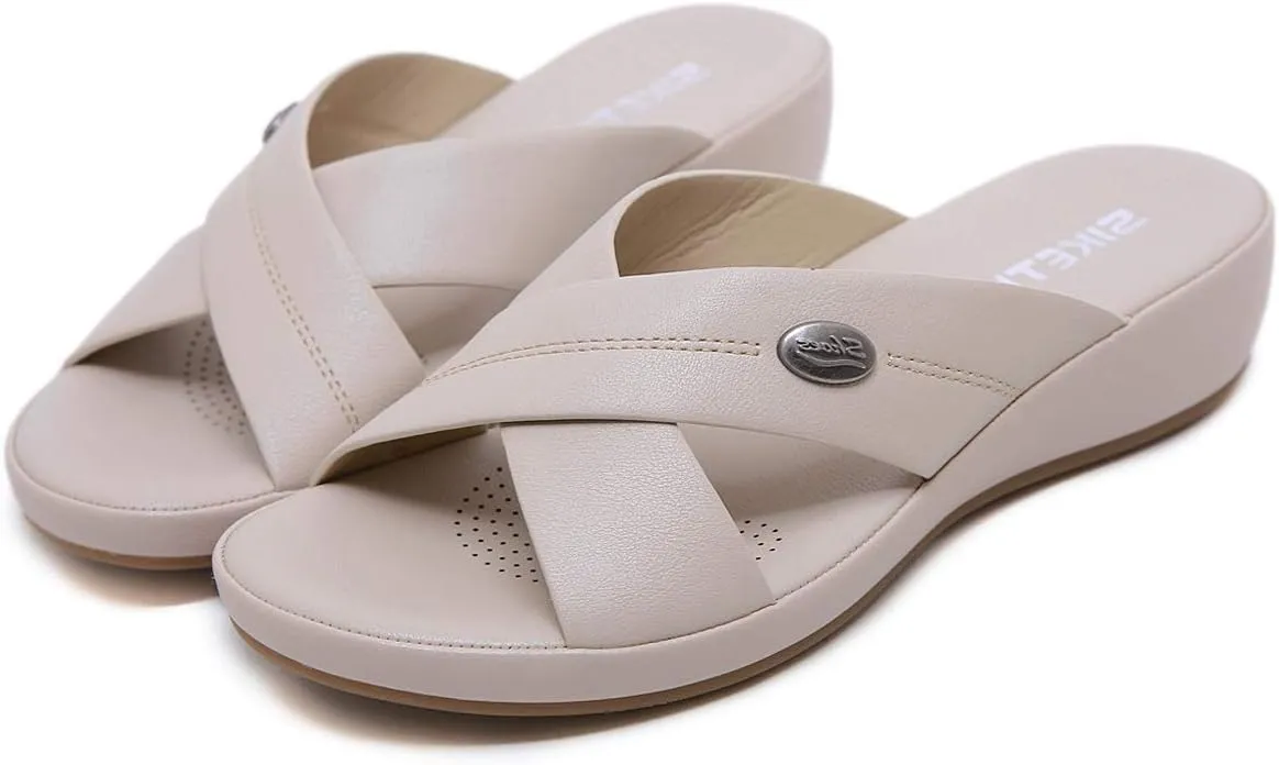 Womens Summer Slip-on Sandals, Comfy Criss-Crossed Straps Slippers for Women