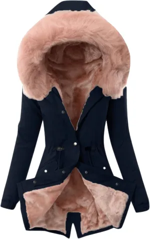 Women's Thick Fleece Lined Parka Faux Fur Collar Camouflage Solid Winter Coats Hooded Jackets Military Anorak Pockets