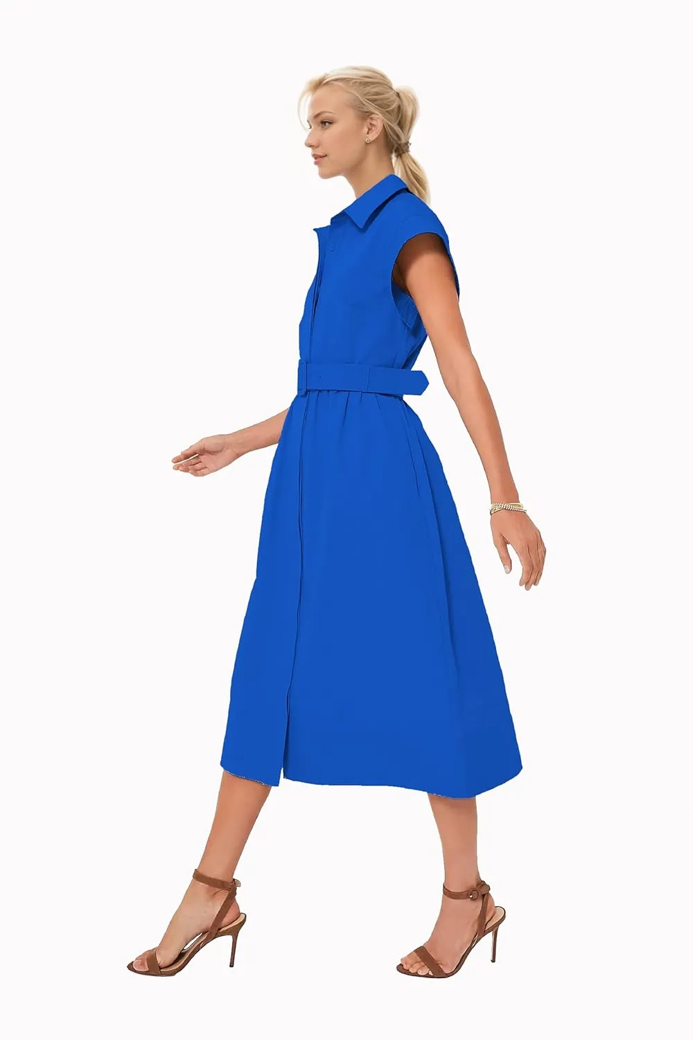 Womens Turn Down Collar Shirt Dress Short Wing Sleeve Button Down Dress Trench Coat Formal Elegant with Belt
