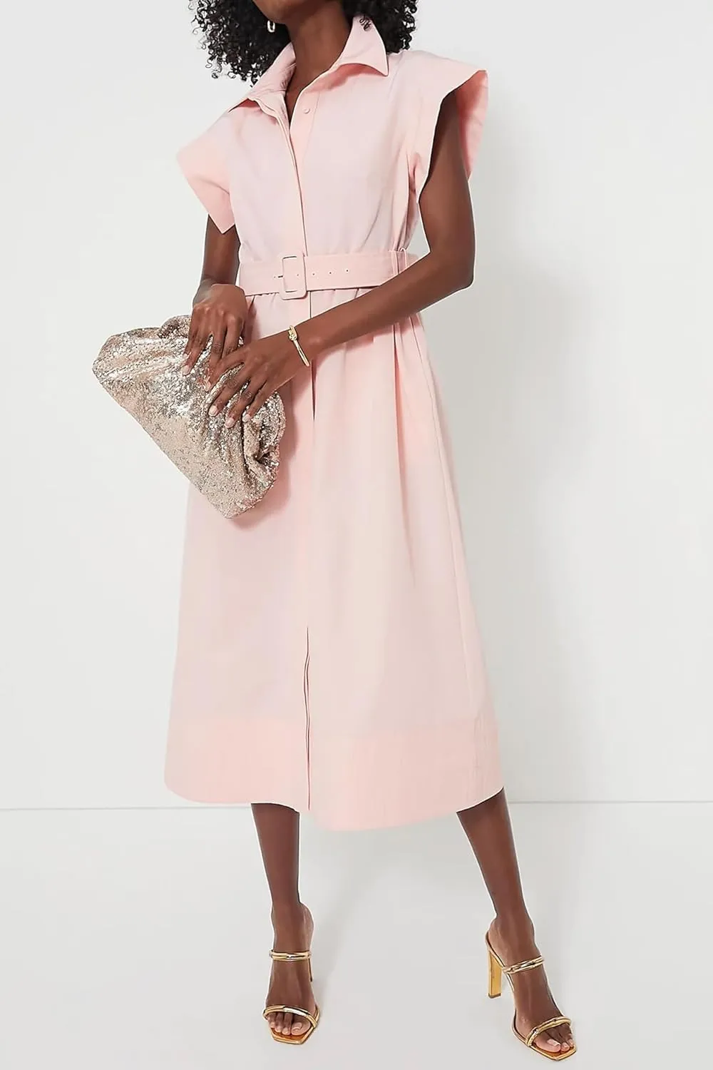 Womens Turn Down Collar Shirt Dress Short Wing Sleeve Button Down Dress Trench Coat Formal Elegant with Belt