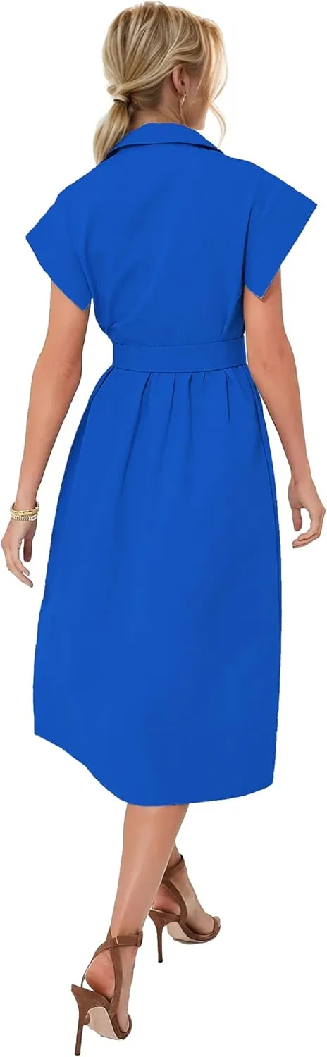 Womens Turn Down Collar Shirt Dress Short Wing Sleeve Button Down Dress Trench Coat Formal Elegant with Belt