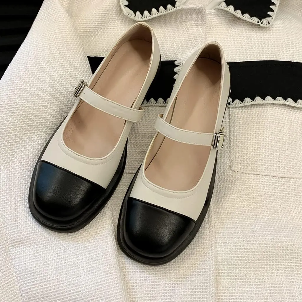 Women's Two Tone Mary Jane Flats Vintage Round Toe Wingtip Leather Low Heel Girls Dress Oxford Shoes