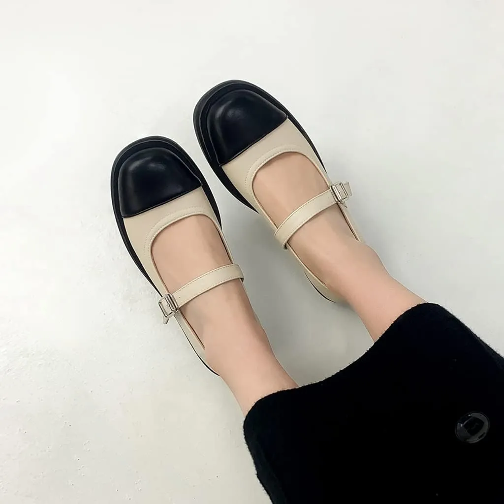 Women's Two Tone Mary Jane Flats Vintage Round Toe Wingtip Leather Low Heel Girls Dress Oxford Shoes