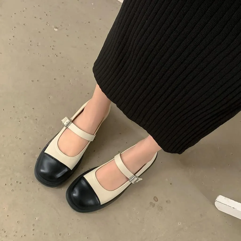 Women's Two Tone Mary Jane Flats Vintage Round Toe Wingtip Leather Low Heel Girls Dress Oxford Shoes