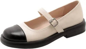 Women's Two Tone Mary Jane Flats Vintage Round Toe Wingtip Leather Low Heel Girls Dress Oxford Shoes