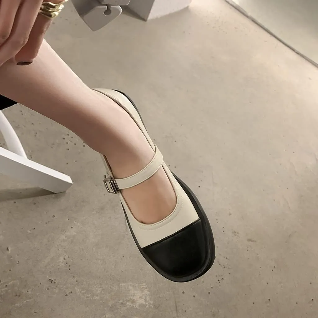 Women's Two Tone Mary Jane Flats Vintage Round Toe Wingtip Leather Low Heel Girls Dress Oxford Shoes