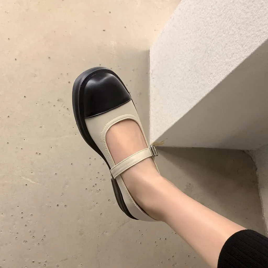 Women's Two Tone Mary Jane Flats Vintage Round Toe Wingtip Leather Low Heel Girls Dress Oxford Shoes