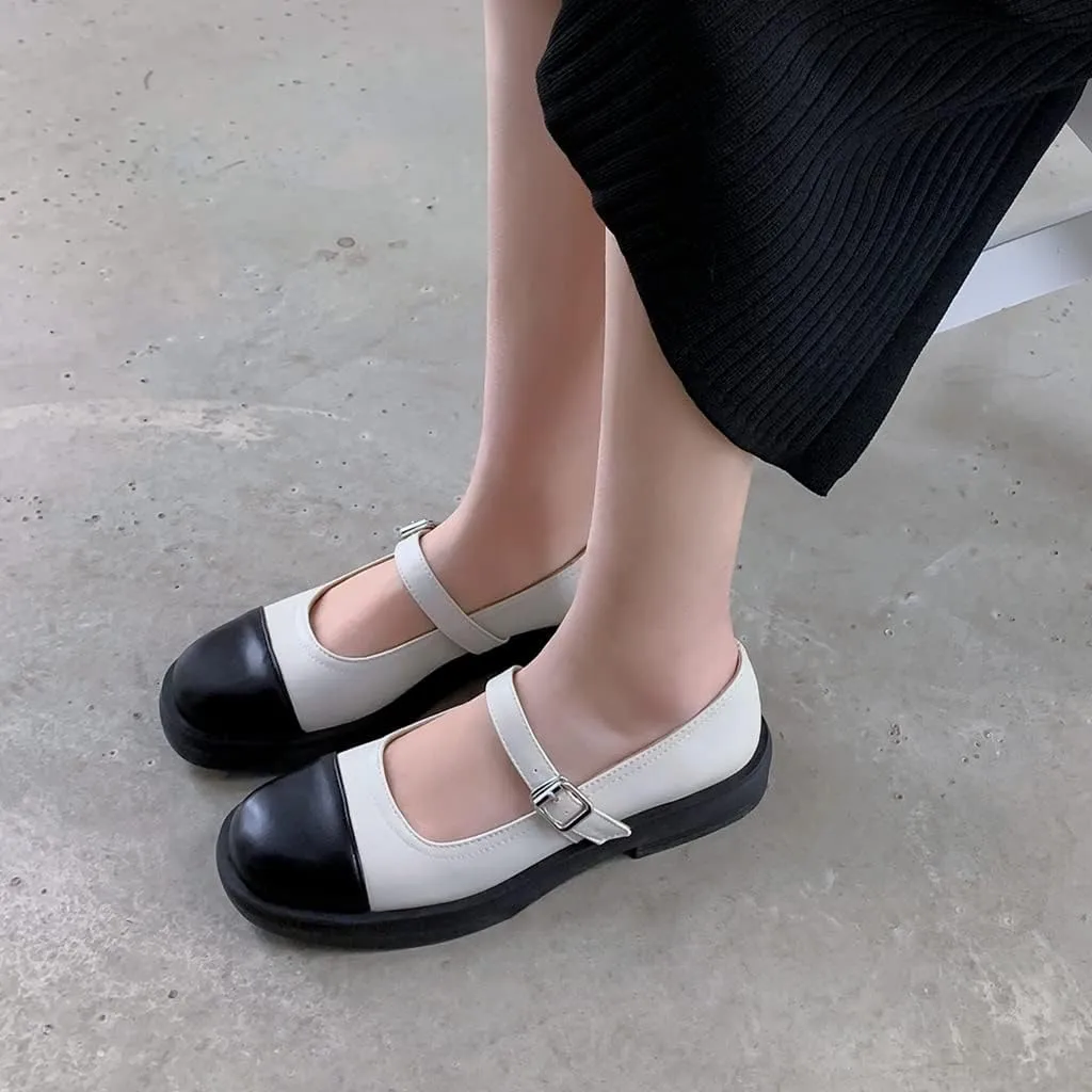 Women's Two Tone Mary Jane Flats Vintage Round Toe Wingtip Leather Low Heel Girls Dress Oxford Shoes