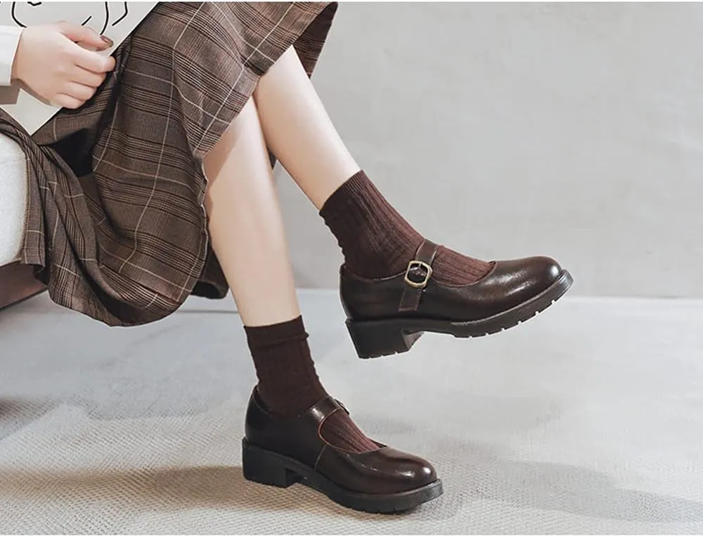 Women's Vintage Black/Brown Mary Jane Flats JK Uniform Dress Shoes
